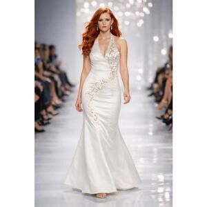 Ivory Satin Halter Mermaid Gown Open Back Formal Gold Embroidery Bridal Gala 8